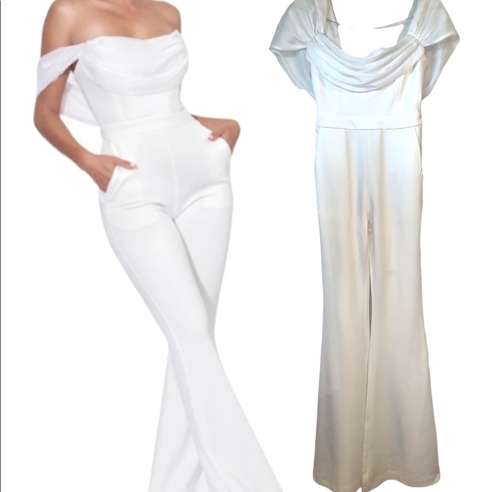 Miss Circle Size Small Sherlyn White Off the Shoulder Flared Crepe Jumpsuit